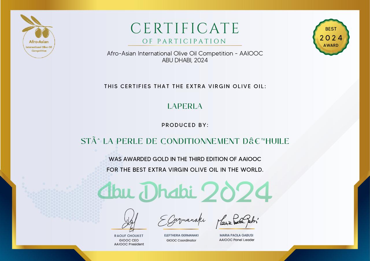 Afro-Asian International Olive Oil Competition Gold Award 2024